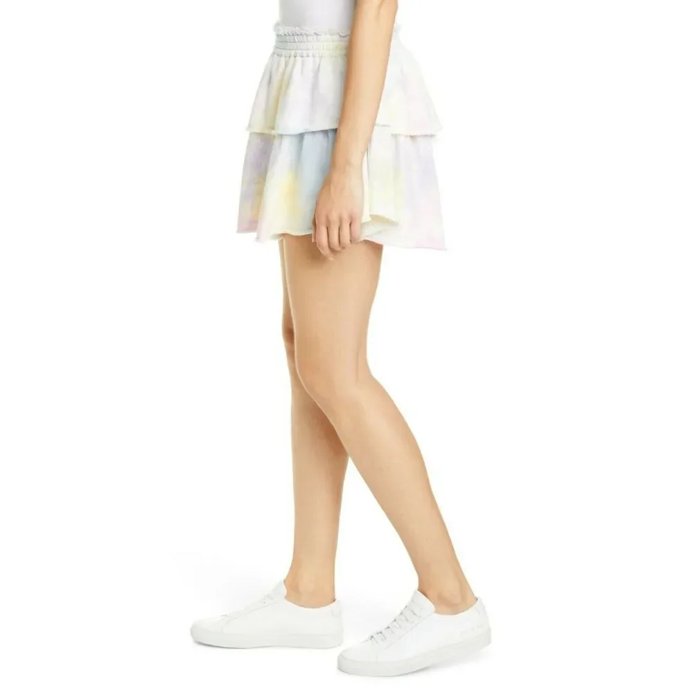 LOVESHACKFANCY pastel ruffle tie dye cotton tiered mini skirt in unicorn Size XS